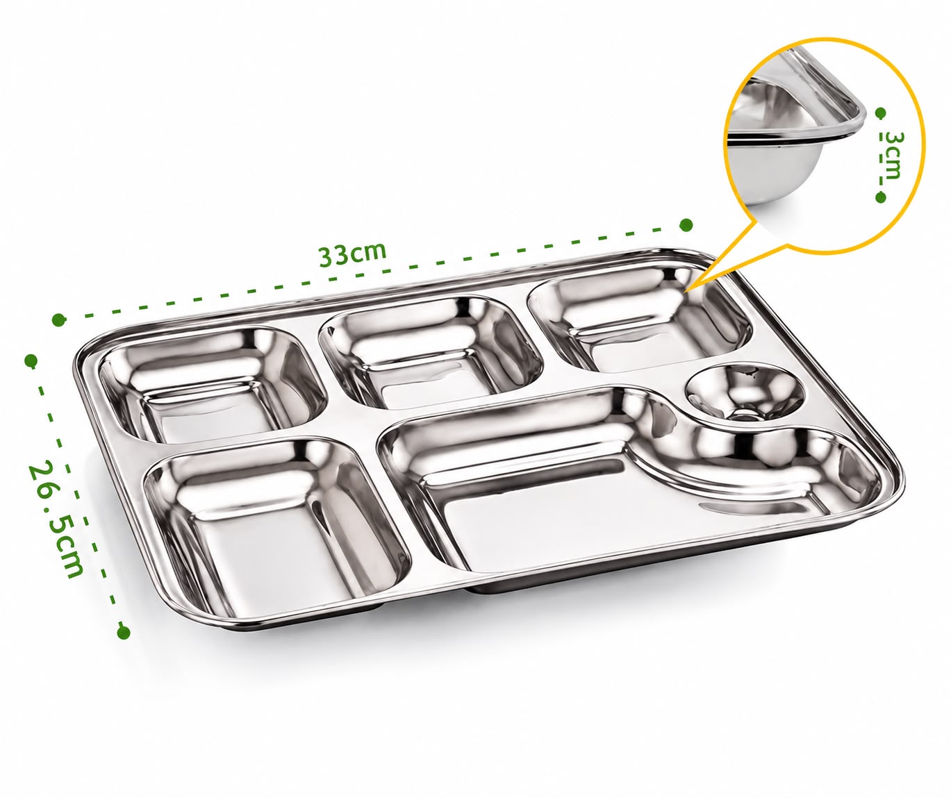 Stainless Steel 6-1 Mirror Polish Bhojan Thaal with Dip Space